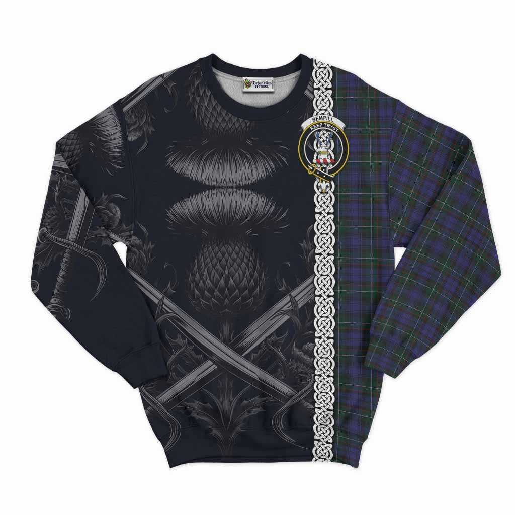 Tartan Vibes Clothing Sempill (Semple) Tartan Sweatshirt with Family Crest Cross Sword Thistle Celtic Vibes