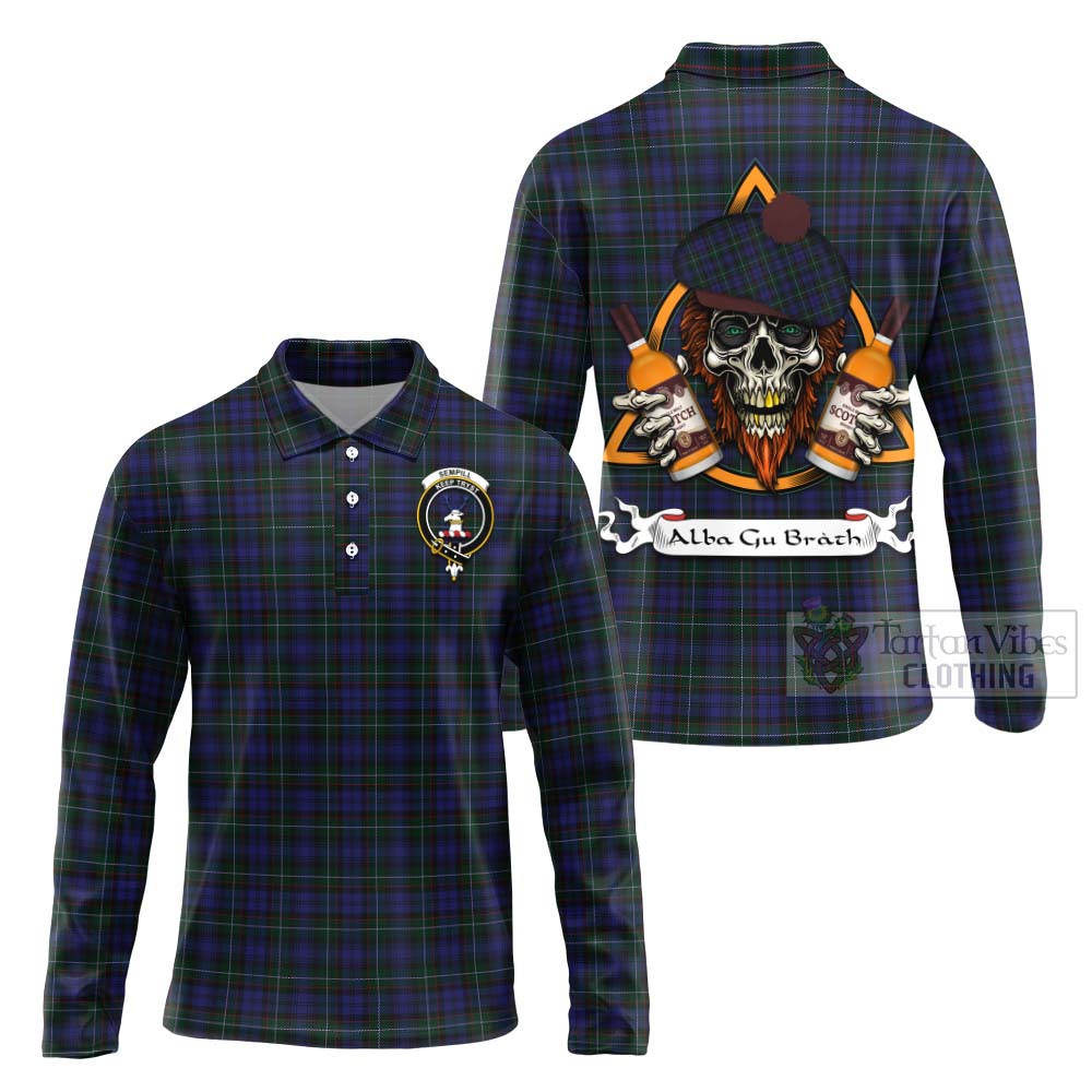 Tartan Vibes Clothing Sempill (Semple) Tartan Long Sleeve Polo Shirt with Family Crest and Bearded Skull Holding Bottles of Whiskey