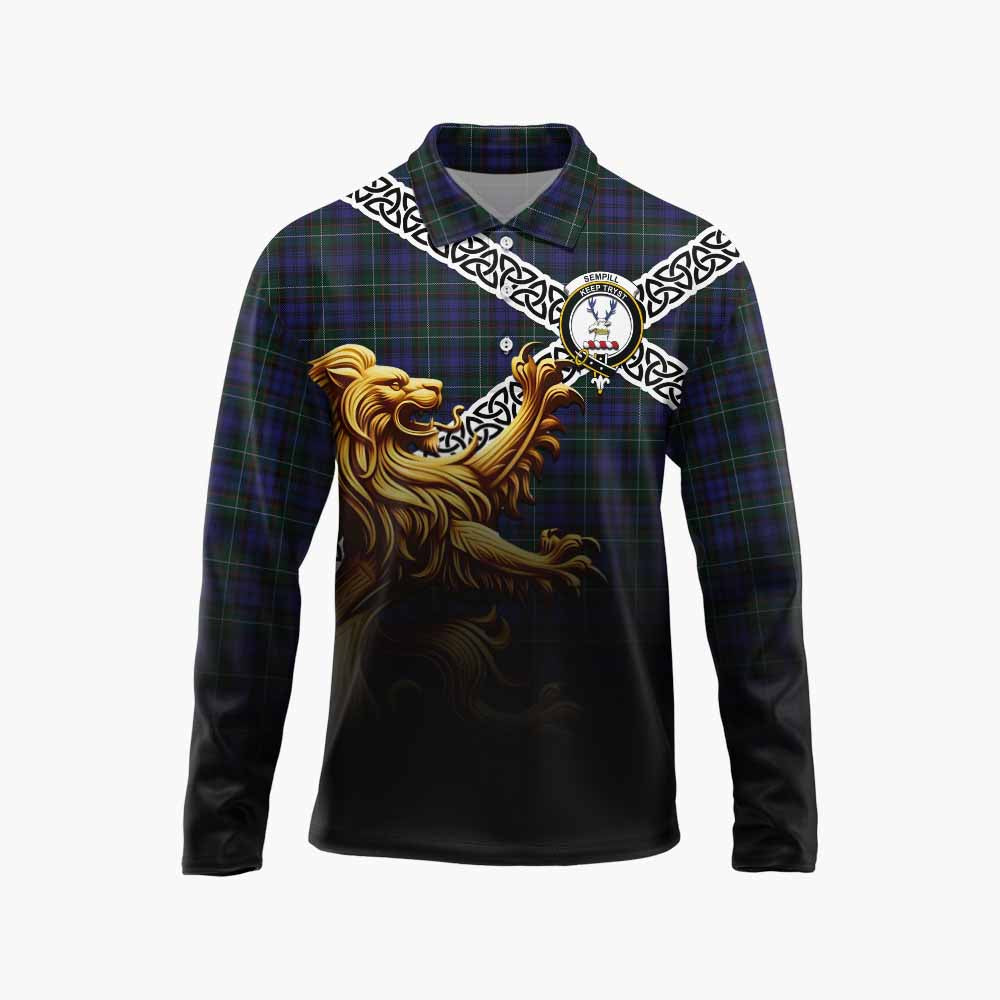 Sempill (Semple) Crest Tartan Long Sleeve Polo Shirt with Golden Lion Emblem Celtic Style Unisex - Tartan Vibes Clothing