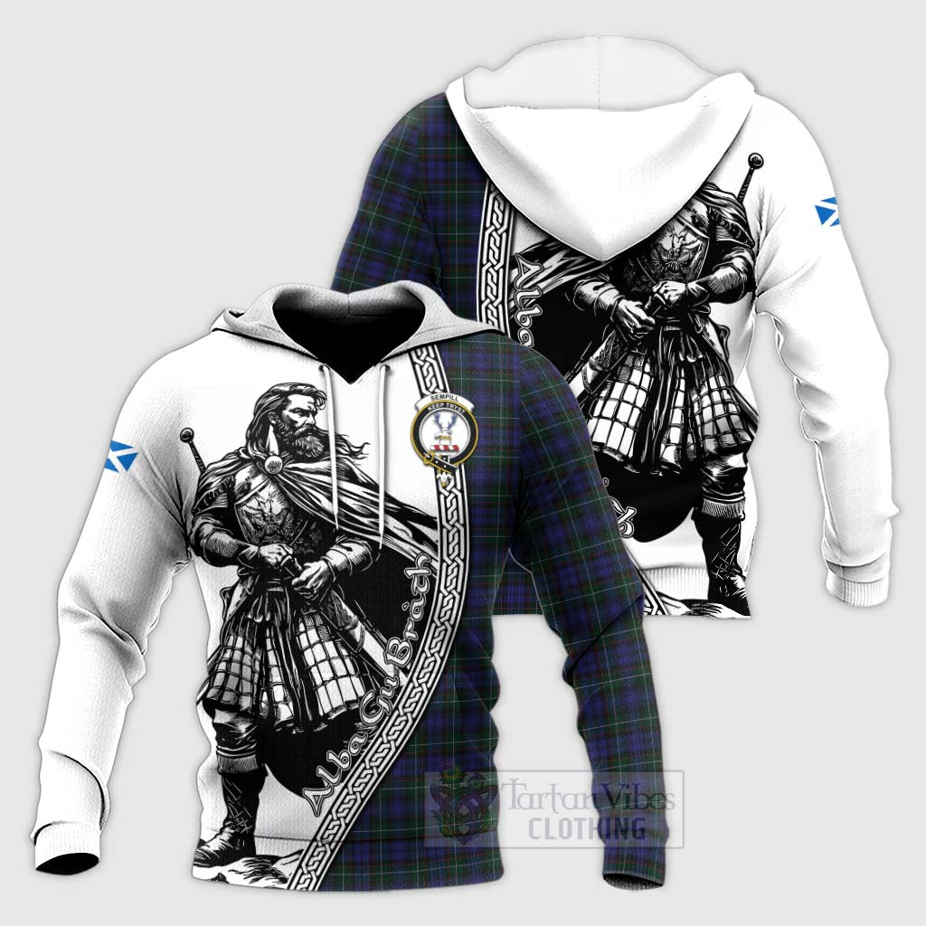 Tartan Vibes Clothing Sempill (Semple) Tartan Clan Crest Knitted Hoodie with Highlander Warrior Celtic Style