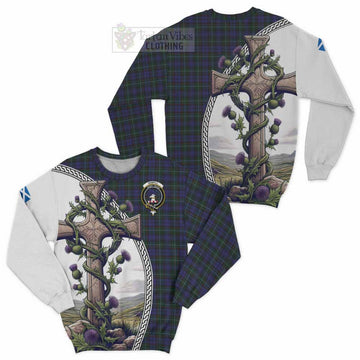 Sempill (Semple) Tartan Sweatshirt with Family Crest and St. Andrew's Cross Accented by Thistle Vines