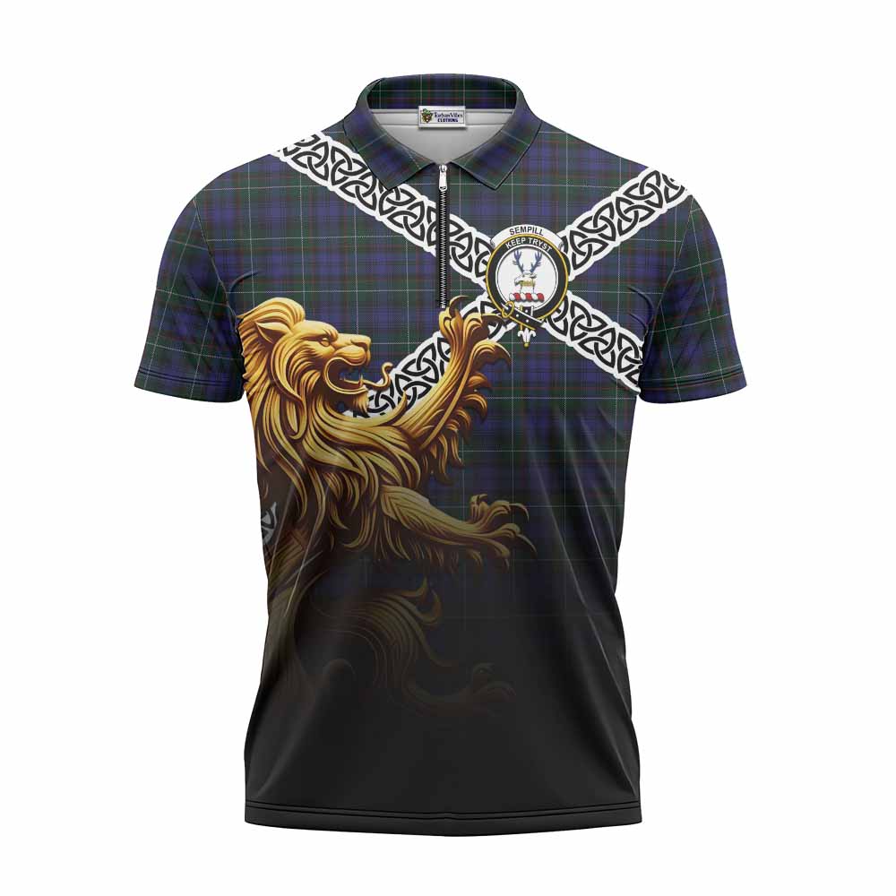 Sempill (Semple) Crest Tartan Zipper Polo Shirt with Golden Lion Emblem Celtic Style Unisex - Tartan Vibes Clothing