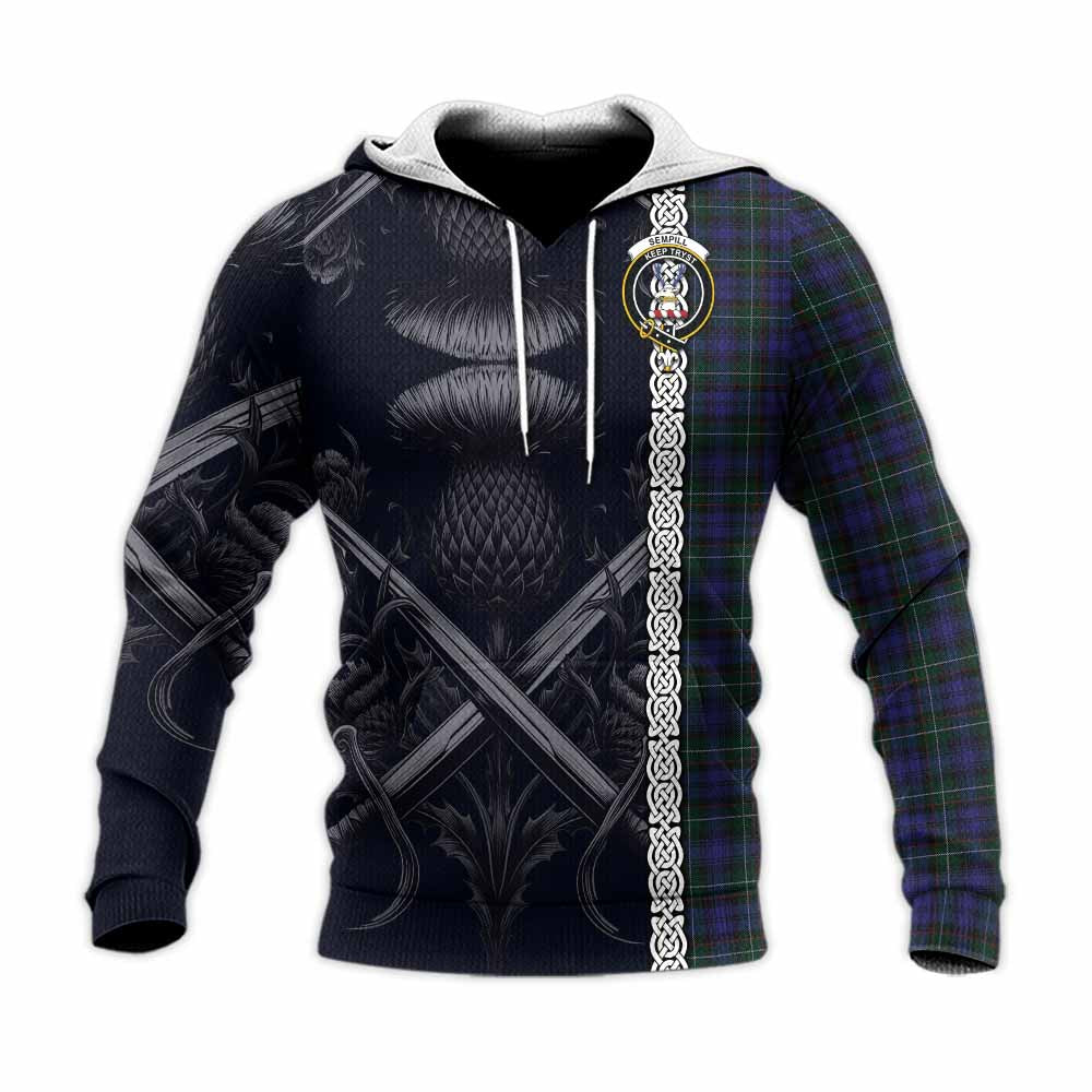 Tartan Vibes Clothing Sempill (Semple) Tartan Knitted Hoodie with Family Crest Cross Sword Thistle Celtic Vibes