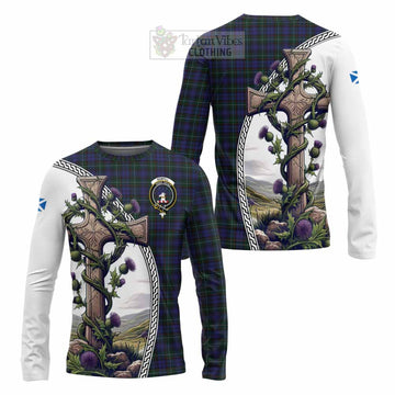 Sempill (Semple) Tartan Long Sleeve T-Shirt with Family Crest and St. Andrew's Cross Accented by Thistle Vines