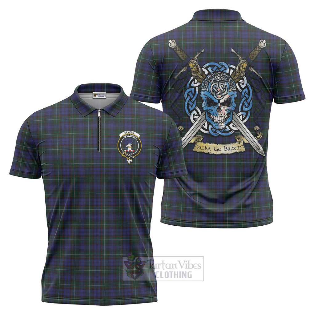 Tartan Vibes Clothing Sempill (Semple) Tartan Zipper Polo Shirt with Family Crest Celtic Skull Style