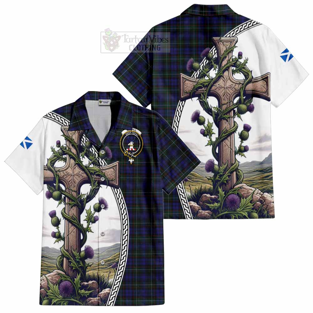 Tartan Vibes Clothing Sempill (Semple) Tartan Short Sleeve Button Shirt with Family Crest and St. Andrew's Cross Accented by Thistle Vines