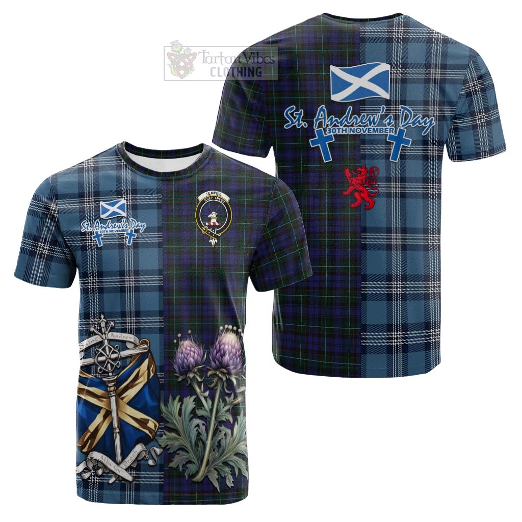 Tartan Vibes Clothing Sempill (Semple) Tartan Cotton T-shirt Happy St. Andrew's Day Half Tartan Style