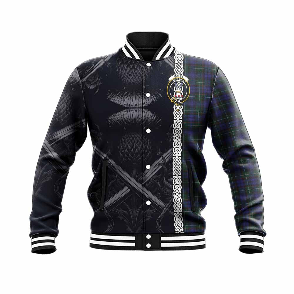 Tartan Vibes Clothing Sempill (Semple) Tartan Baseball Jacket with Family Crest Cross Sword Thistle Celtic Vibes