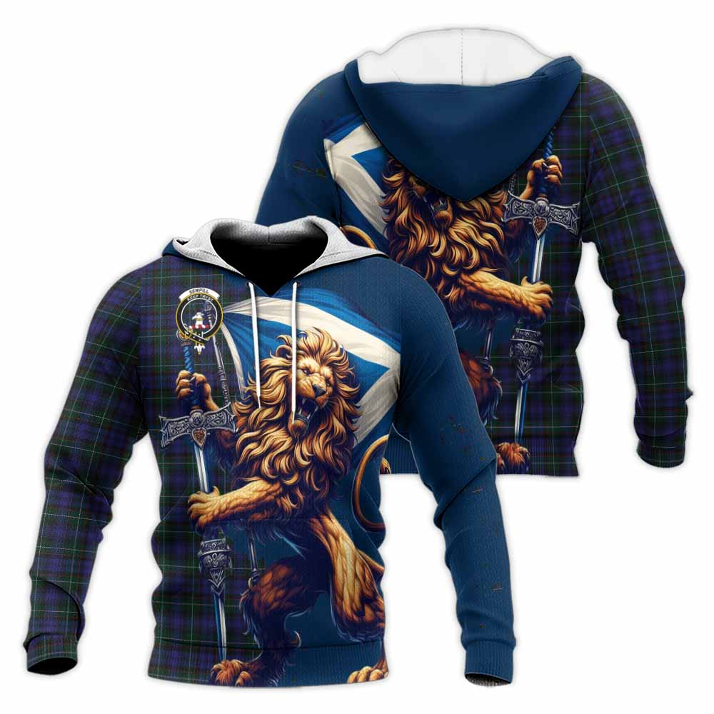 Tartan Vibes Clothing Sempill (Semple) Tartan Family Crest Knitted Hoodie with Scottish Majestic Lion