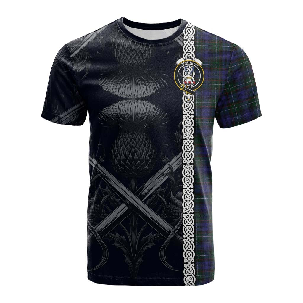 Tartan Vibes Clothing Sempill (Semple) Tartan Cotton T-shirt with Family Crest Cross Sword Thistle Celtic Vibes