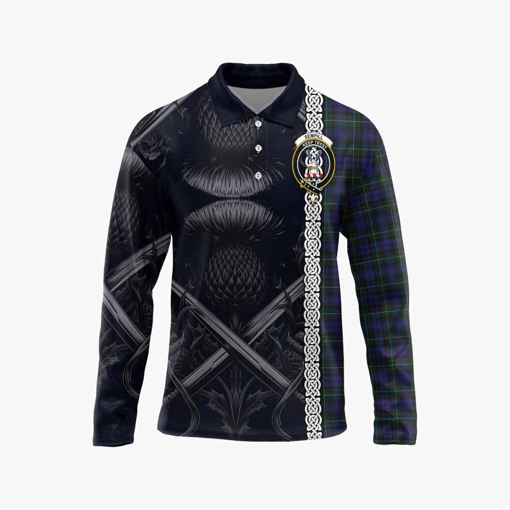 Tartan Vibes Clothing Sempill (Semple) Tartan Long Sleeve Polo Shirt with Family Crest Cross Sword Thistle Celtic Vibes