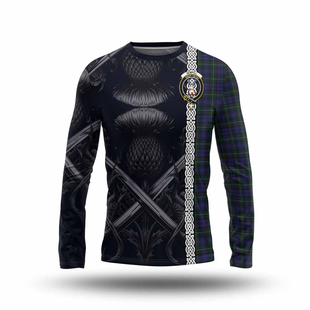 Tartan Vibes Clothing Sempill (Semple) Tartan Long Sleeve T-Shirt with Family Crest Cross Sword Thistle Celtic Vibes