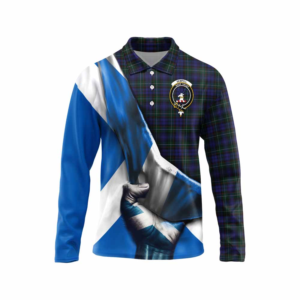 Tartan Vibes Clothing Sempill (Semple) Tartan Long Sleeve Polo Shirt with Family Crest Scotland Patriotic Style