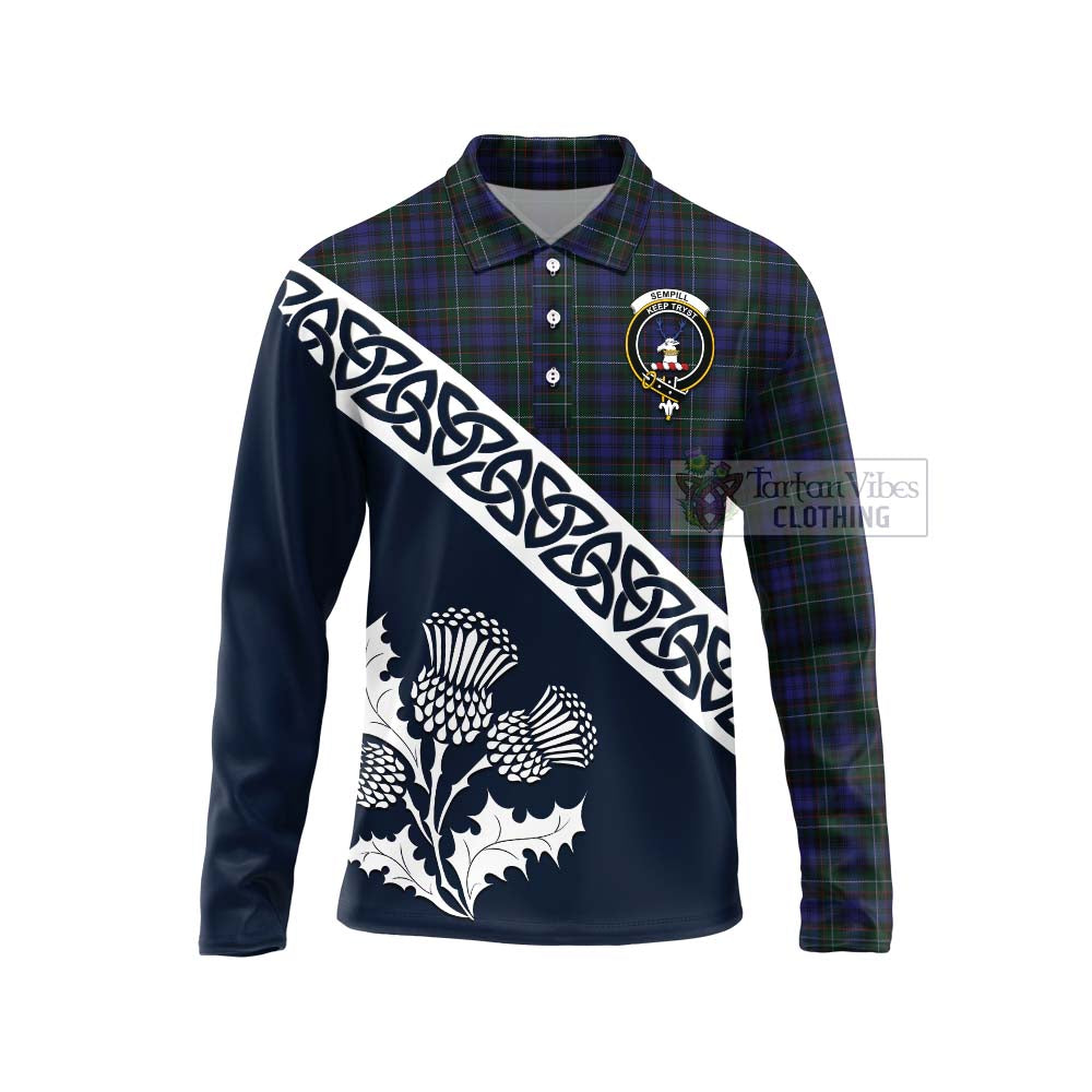 Tartan Vibes Clothing Sempill (Semple) Tartan Long Sleeve Polo Shirt Featuring Thistle and Scotland Map