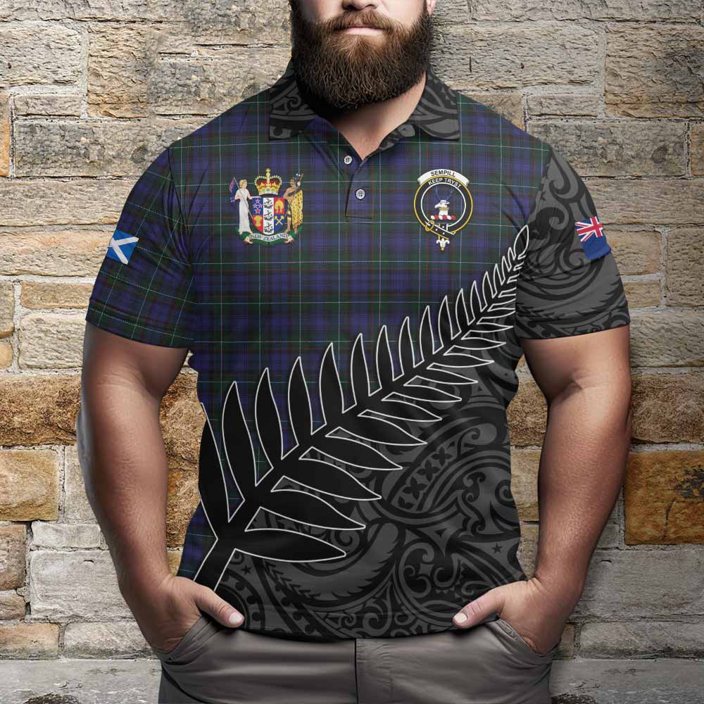 Sempill (Semple) Crest Tartan Polo Shirt with New Zealand Silver Fern Half Style