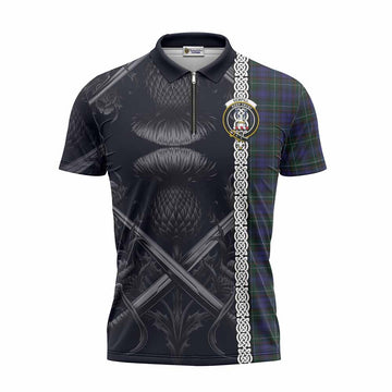 Sempill (Semple) Tartan Zipper Polo Shirt with Family Crest Cross Sword Thistle Celtic Vibes