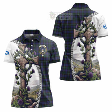 Sempill (Semple) Tartan Women's Polo Shirt with Family Crest and St. Andrew's Cross Accented by Thistle Vines