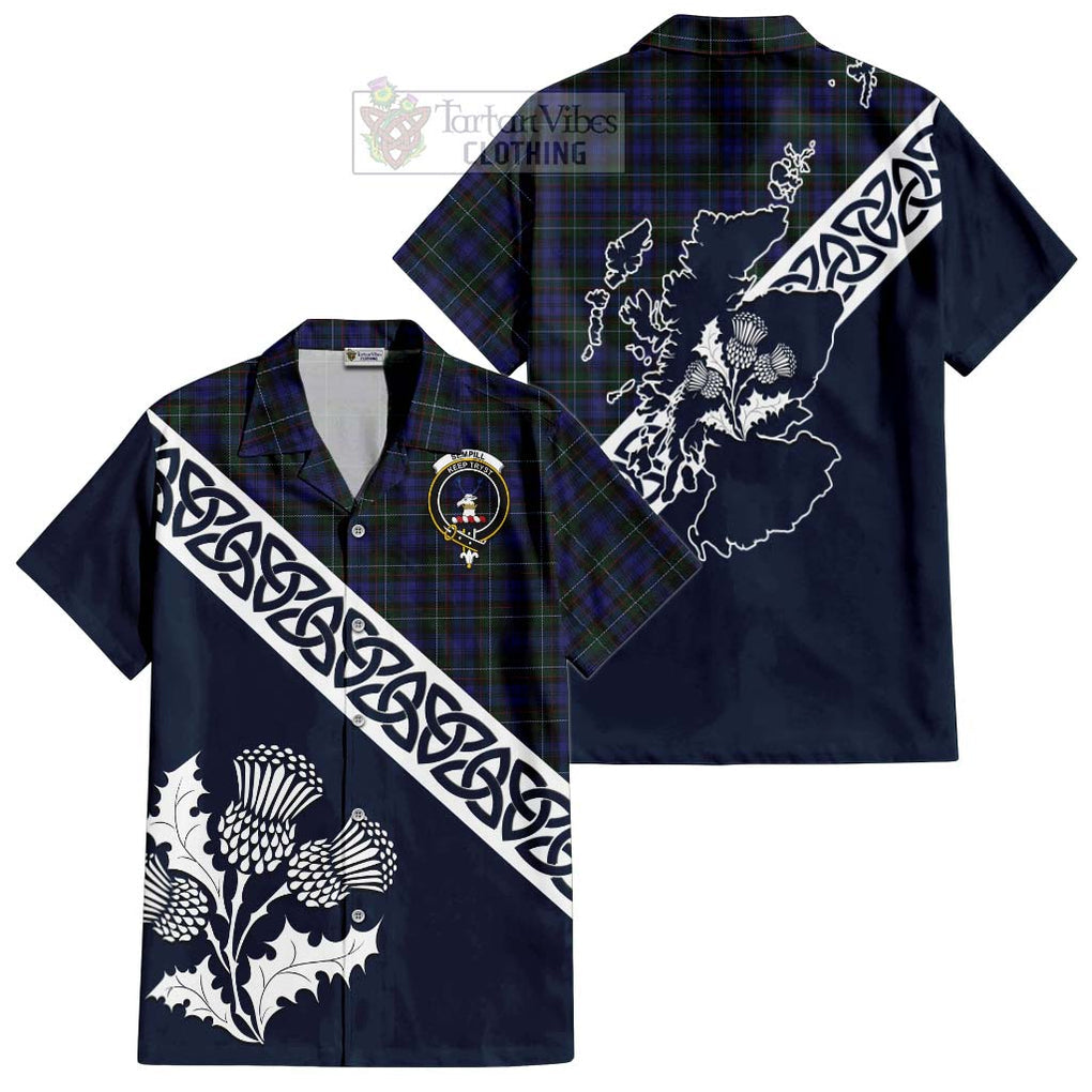 Tartan Vibes Clothing Sempill (Semple) Tartan Short Sleeve Button Shirt Featuring Thistle and Scotland Map