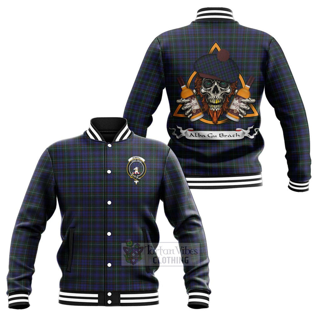 Tartan Vibes Clothing Sempill (Semple) Tartan Baseball Jacket with Family Crest and Bearded Skull Holding Bottles of Whiskey