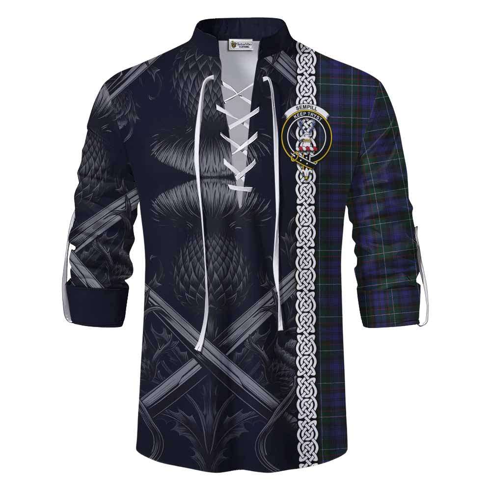 Tartan Vibes Clothing Sempill (Semple) Tartan Ghillie Kilt Shirt with Family Crest Cross Sword Thistle Celtic Vibes