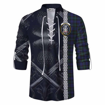 Sempill (Semple) Tartan Ghillie Kilt Shirt with Family Crest Cross Sword Thistle Celtic Vibes