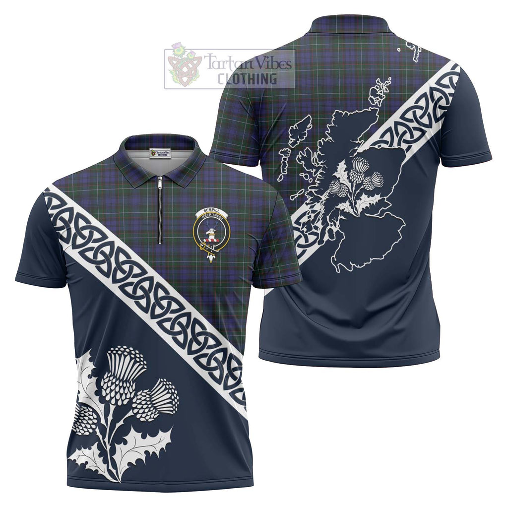 Tartan Vibes Clothing Sempill (Semple) Tartan Zipper Polo Shirt Featuring Thistle and Scotland Map