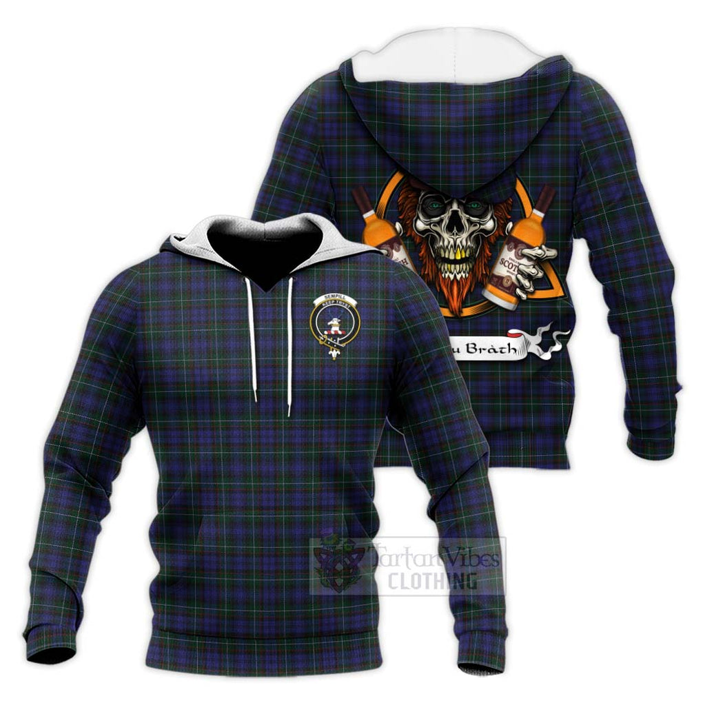 Tartan Vibes Clothing Sempill (Semple) Tartan Knitted Hoodie with Family Crest and Bearded Skull Holding Bottles of Whiskey