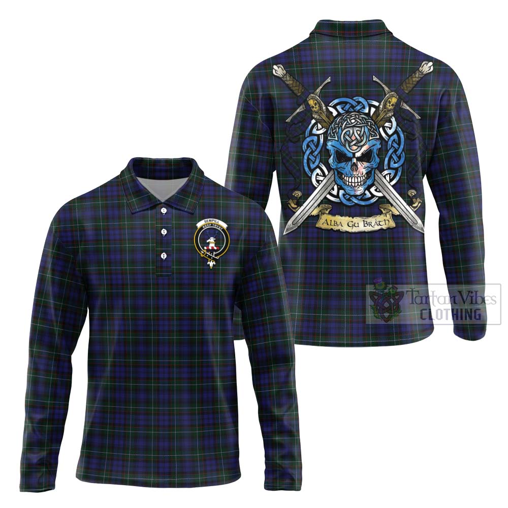 Tartan Vibes Clothing Sempill (Semple) Tartan Long Sleeve Polo Shirt with Family Crest Celtic Skull Style