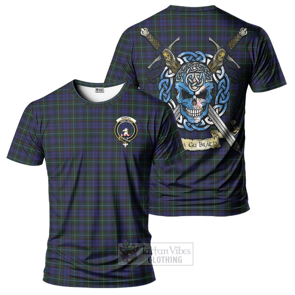 Tartan Vibes Clothing Sempill (Semple) Tartan T-Shirt with Family Crest Celtic Skull Style