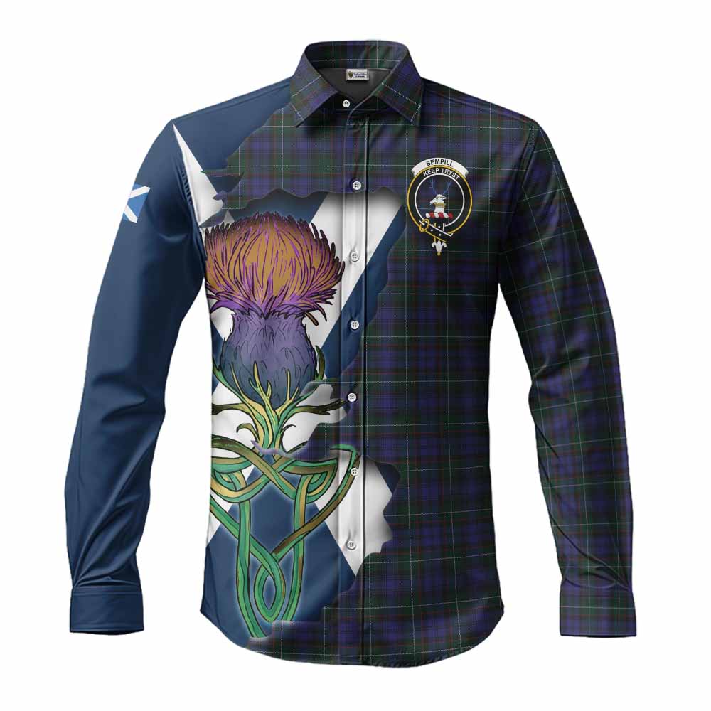 Sempill (Semple) Tartan Family Crest Long Sleeve Button Shirt Scottish Thistle Celtic Inspired Men's Shirt S - Tartan Vibes Clothing