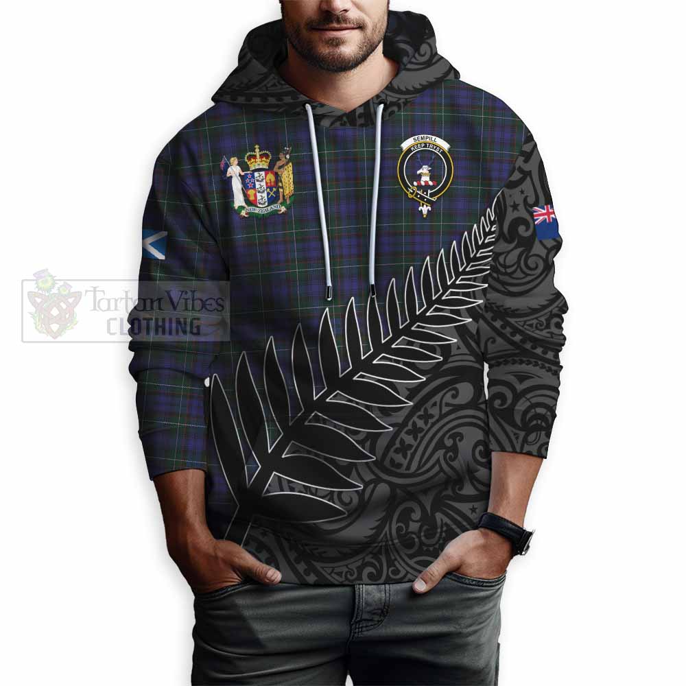 Tartan Vibes Clothing Sempill (Semple) Crest Tartan Hoodie with New Zealand Silver Fern Half Style