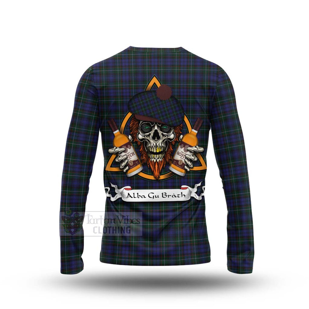 Tartan Vibes Clothing Sempill (Semple) Tartan Long Sleeve T-Shirt with Family Crest and Bearded Skull Holding Bottles of Whiskey