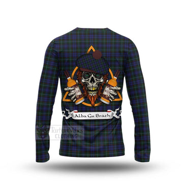 Sempill (Semple) Tartan Long Sleeve T-Shirt with Family Crest and Bearded Skull Holding Bottles of Whiskey