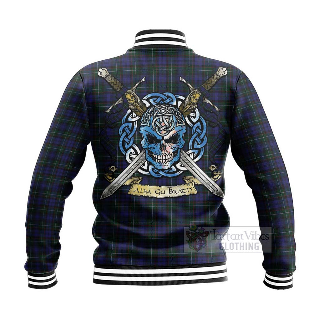 Tartan Vibes Clothing Sempill (Semple) Tartan Baseball Jacket with Family Crest Celtic Skull Style