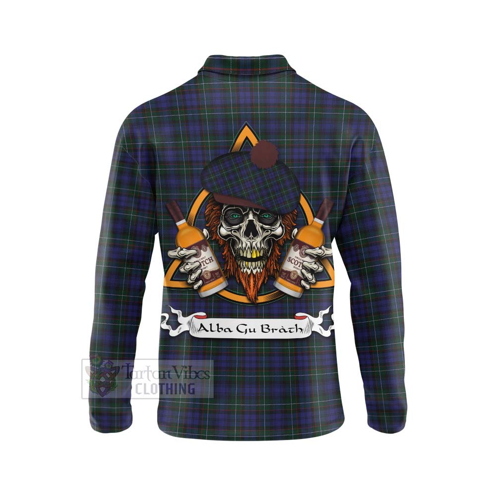 Tartan Vibes Clothing Sempill (Semple) Tartan Long Sleeve Polo Shirt with Family Crest and Bearded Skull Holding Bottles of Whiskey