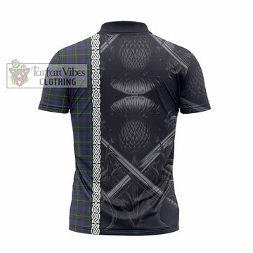 Sempill (Semple) Tartan Zipper Polo Shirt with Family Crest Cross Sword Thistle Celtic Vibes