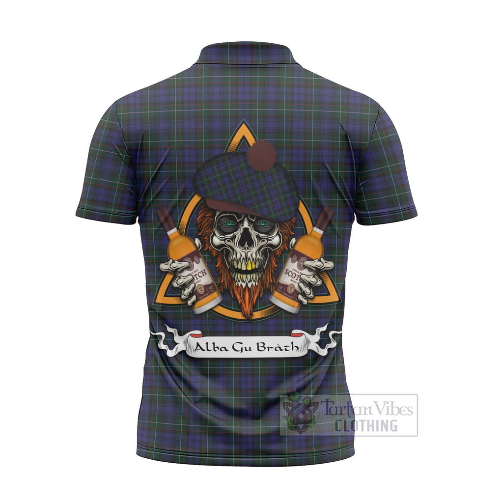 Tartan Vibes Clothing Sempill (Semple) Tartan Zipper Polo Shirt with Family Crest and Bearded Skull Holding Bottles of Whiskey