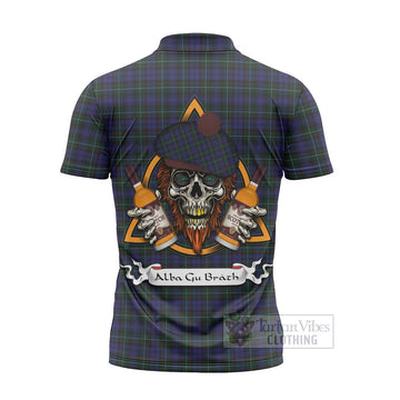 Sempill (Semple) Tartan Zipper Polo Shirt with Family Crest and Bearded Skull Holding Bottles of Whiskey