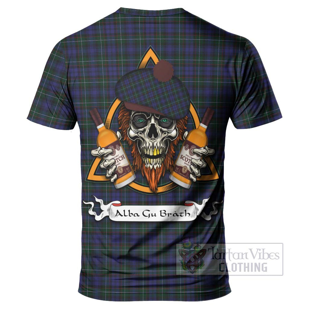 Tartan Vibes Clothing Sempill (Semple) Tartan T-Shirt with Family Crest and Bearded Skull Holding Bottles of Whiskey