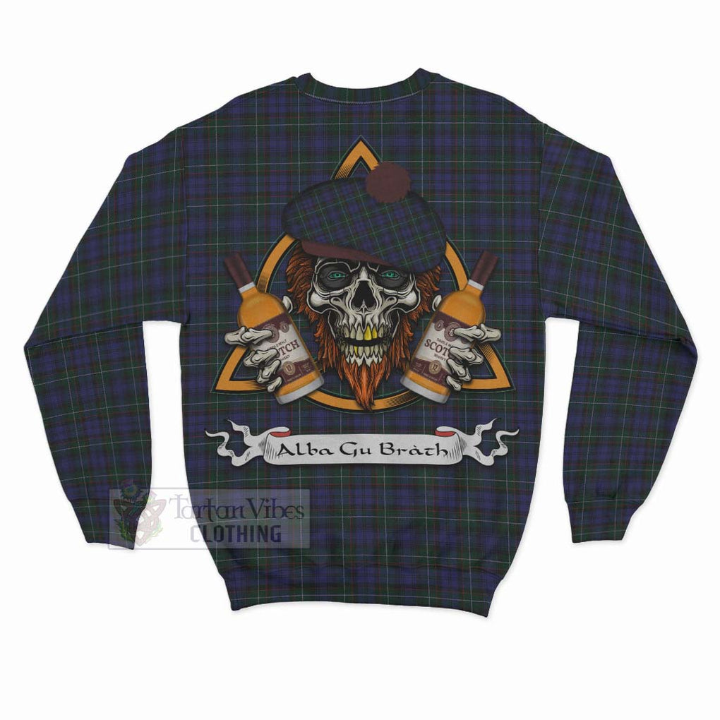 Tartan Vibes Clothing Sempill (Semple) Tartan Sweatshirt with Family Crest and Bearded Skull Holding Bottles of Whiskey