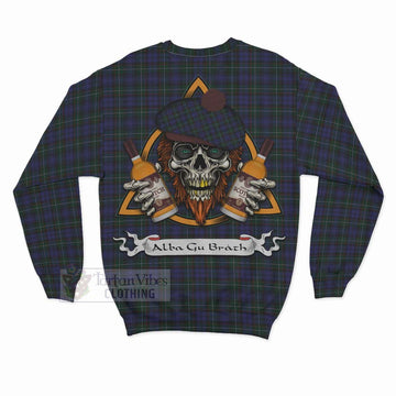 Sempill (Semple) Tartan Sweatshirt with Family Crest and Bearded Skull Holding Bottles of Whiskey