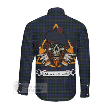 Sempill (Semple) Tartan Long Sleeve Button Shirt with Family Crest and Bearded Skull Holding Bottles of Whiskey Men's Shirt - Tartan Vibes Clothing