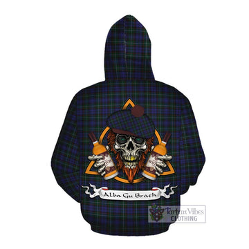 Sempill (Semple) Tartan Cotton Hoodie with Family Crest and Bearded Skull Holding Bottles of Whiskey