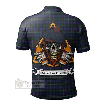 Sempill (Semple) Tartan Polo Shirt with Family Crest and Bearded Skull Holding Bottles of Whiskey