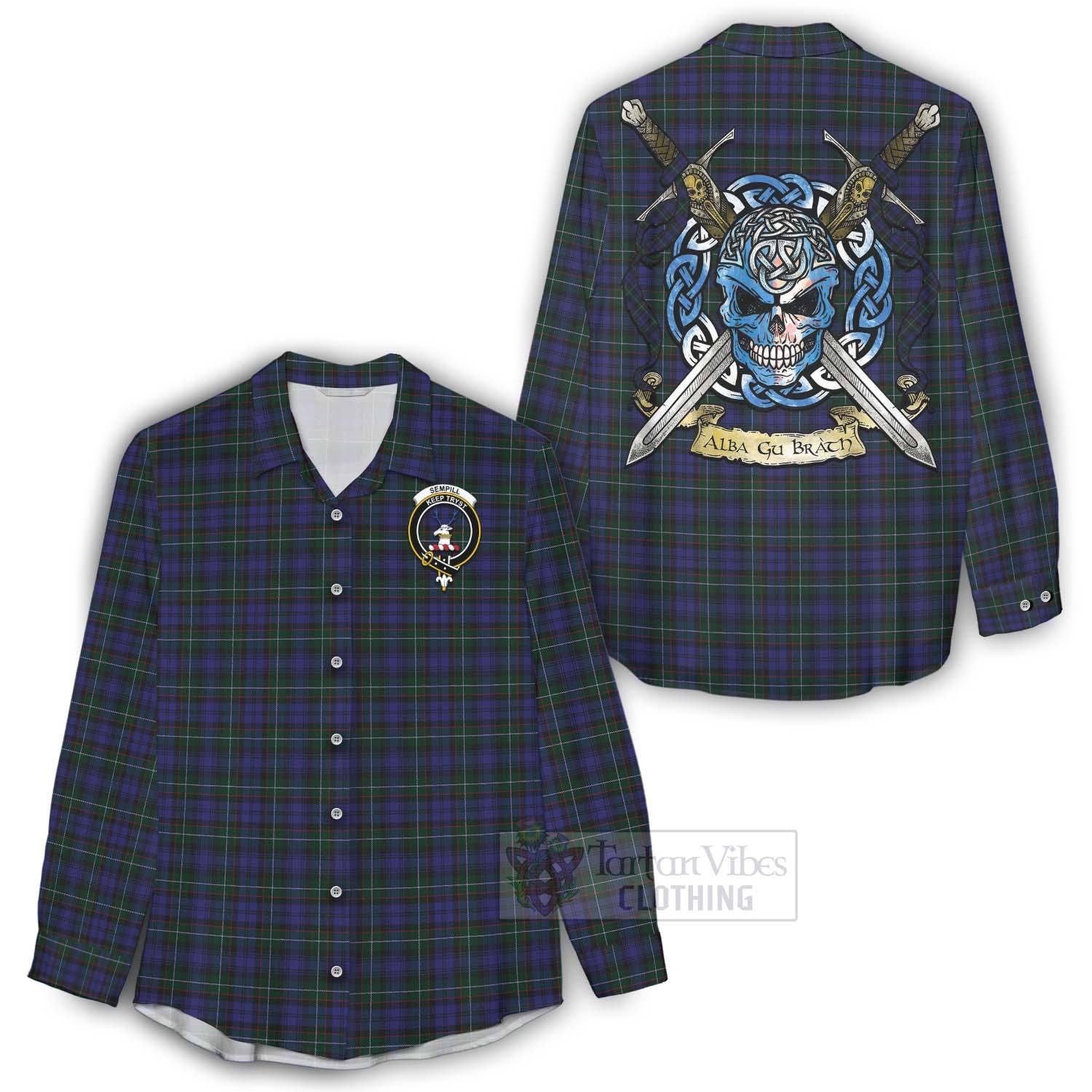 Tartan Vibes Clothing Sempill (Semple) Tartan Women's Casual Shirt with Family Crest Celtic Skull Style