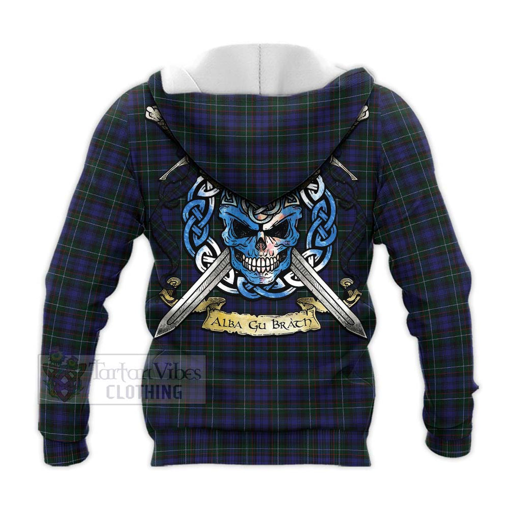 Tartan Vibes Clothing Sempill (Semple) Tartan Knitted Hoodie with Family Crest Celtic Skull Style