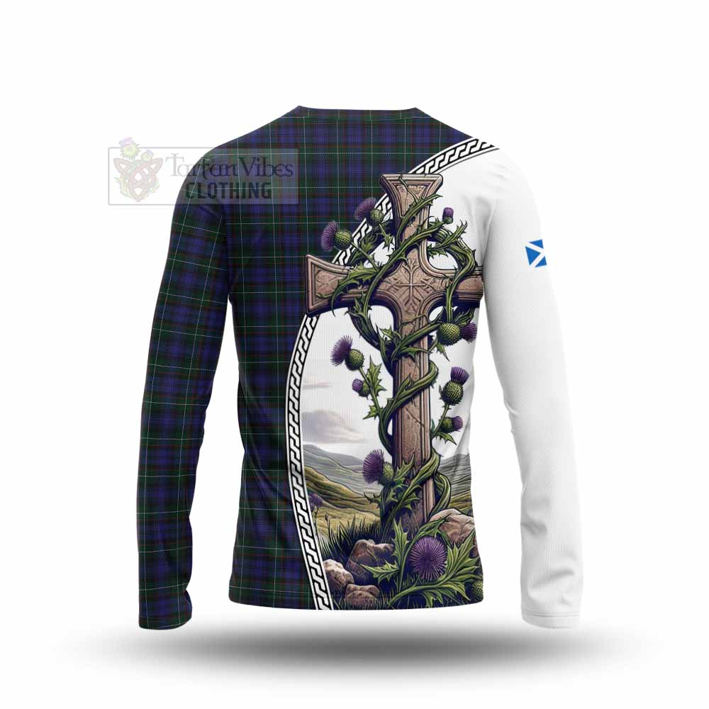 Tartan Vibes Clothing Sempill (Semple) Tartan Long Sleeve T-Shirt with Family Crest and St. Andrew's Cross Accented by Thistle Vines