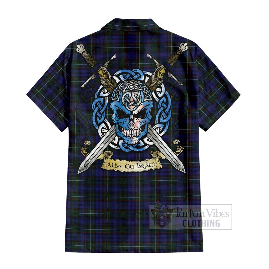 Tartan Vibes Clothing Sempill (Semple) Tartan Short Sleeve Button Shirt with Family Crest Celtic Skull Style