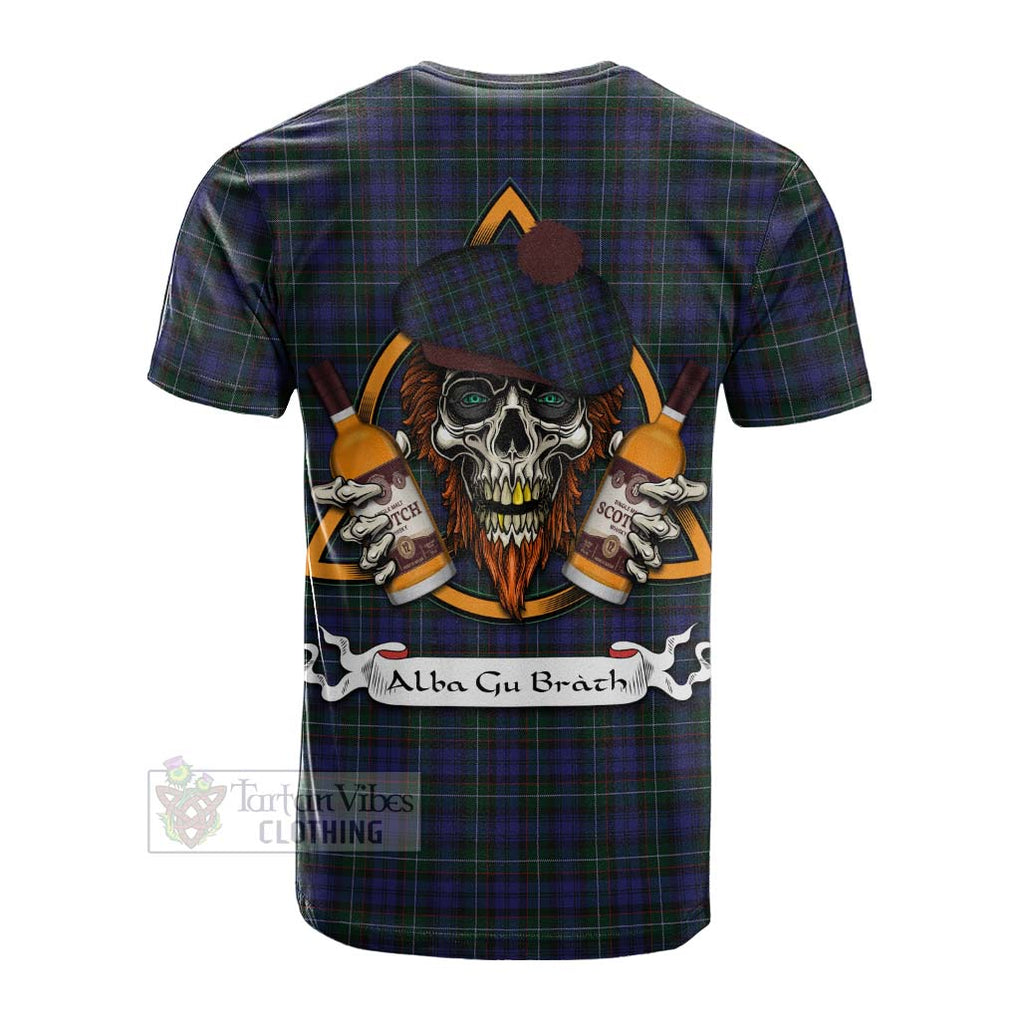 Tartan Vibes Clothing Sempill (Semple) Tartan Cotton T-shirt with Family Crest and Bearded Skull Holding Bottles of Whiskey