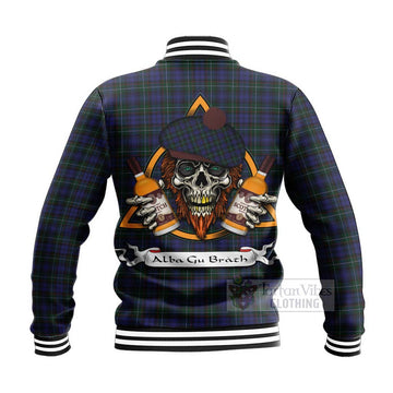 Sempill (Semple) Tartan Baseball Jacket with Family Crest and Bearded Skull Holding Bottles of Whiskey